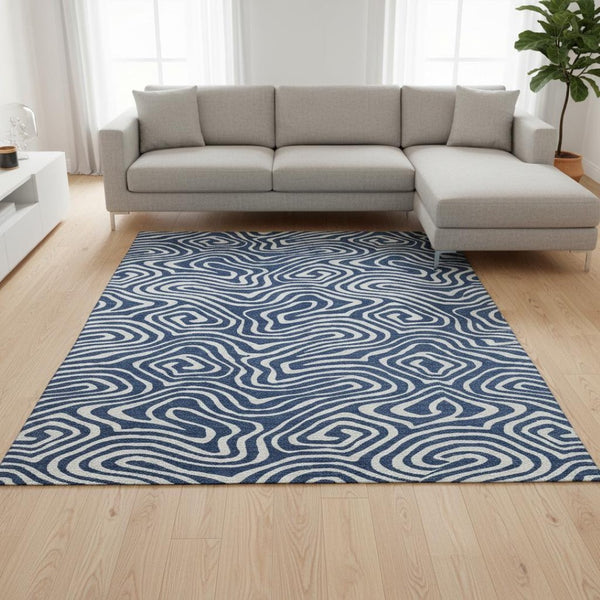 HomeRoots 10' Navy Blue and Ivory Abstract Washable Area Rug - UV Protected, Stain Resistant, Easy Care Solution 680103