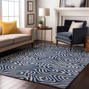 HomeRoots 10' Navy Blue and Ivory Abstract Washable Area Rug - UV Protected, Stain Resistant, Easy Care Solution 680103