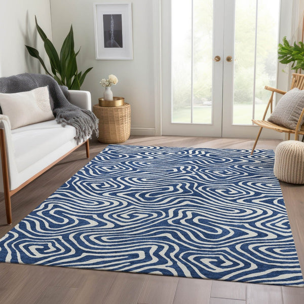 HomeRoots 10' Navy Blue and Ivory Abstract Washable Area Rug - UV Protected, Stain Resistant, Easy Care Solution 680103