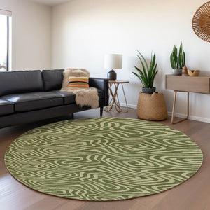 HomeRoots 8' Olive Green and Beige Abstract Washable Round Rug - Modern, Durable, UV-Protected for Active Homes 680106