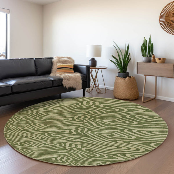 HomeRoots 8' Olive Green and Beige Abstract Washable Round Rug - Modern, Durable, UV-Protected for Active Homes 680106