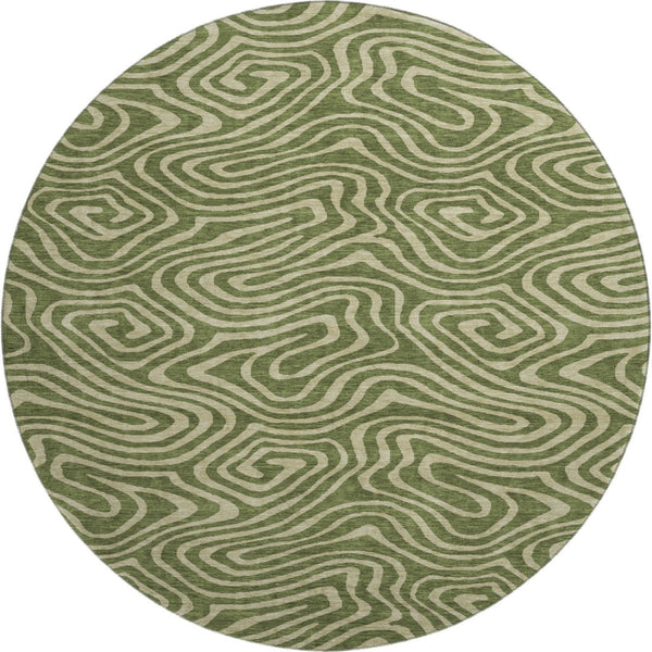 HomeRoots 8' Olive Green and Beige Abstract Washable Round Rug - Modern, Durable, UV-Protected for Active Homes 680106