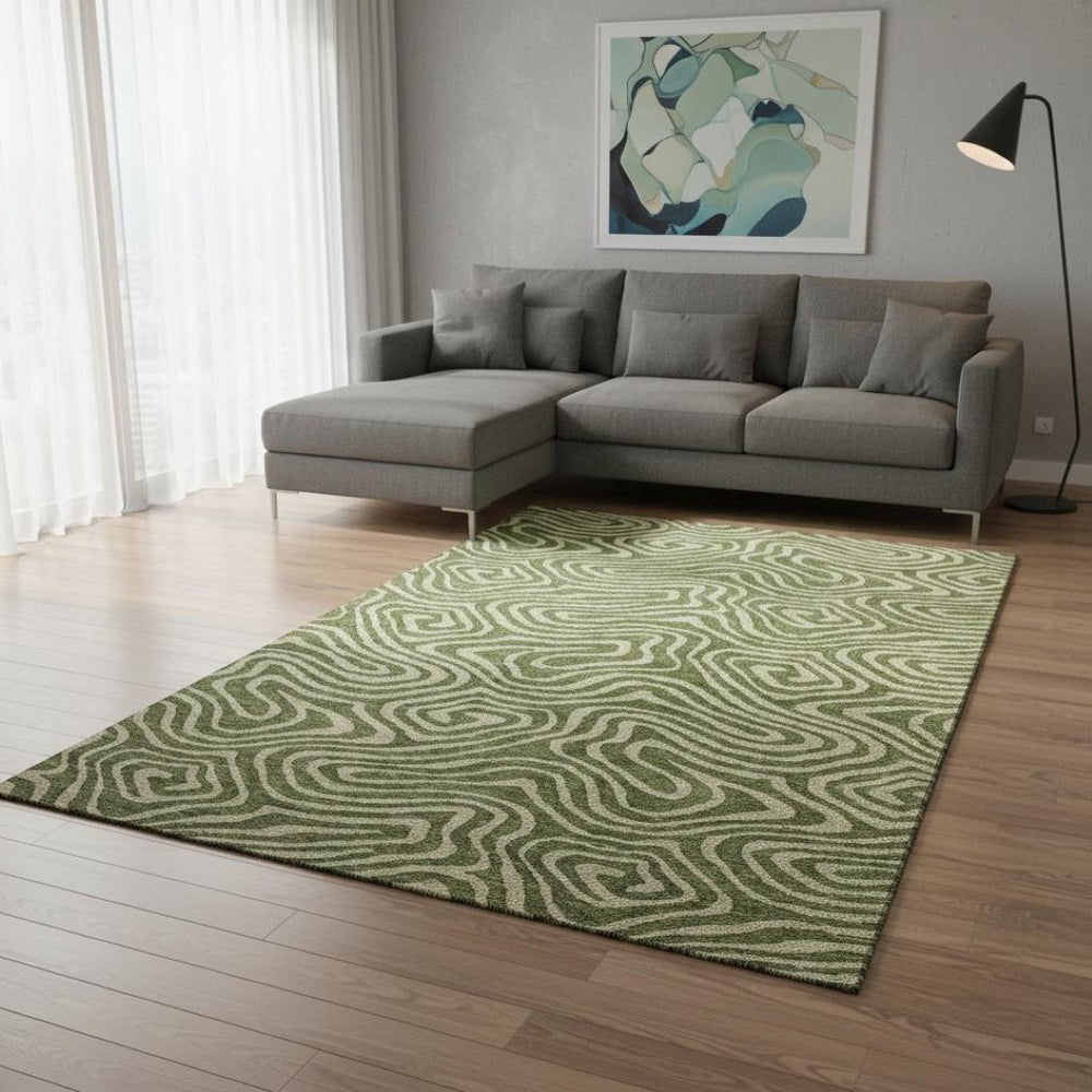 HomeRoots 10' X 14' Olive Green & Beige Abstract Area Rug - Washable, UV-Protected, Modern & Durable Design 680109