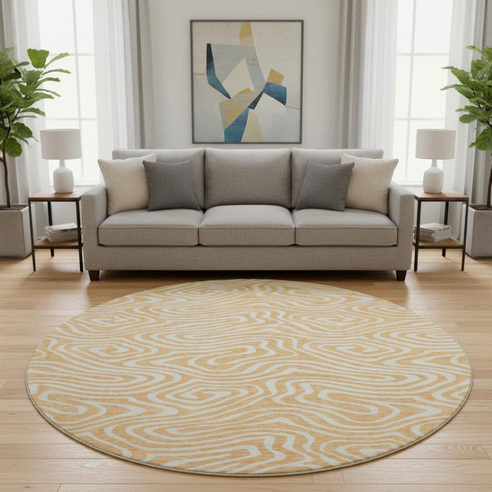HomeRoots 8' Peach and Ivory Abstract Washable Round Rug - UV Protected, Stain-Resistant, Modern Design 680112