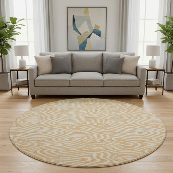 HomeRoots 8' Peach and Ivory Abstract Washable Round Rug - UV Protected, Stain-Resistant, Modern Design 680112
