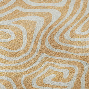 HomeRoots 8' Peach and Ivory Abstract Washable Round Rug - UV Protected, Stain-Resistant, Modern Design 680112