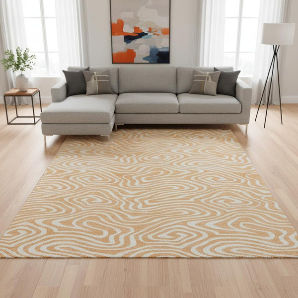 HomeRoots 9' X 12' Peach and Ivory Abstract Area Rug – Washable, UV-Protected, Durable for Homes with Kids & Pets 680114