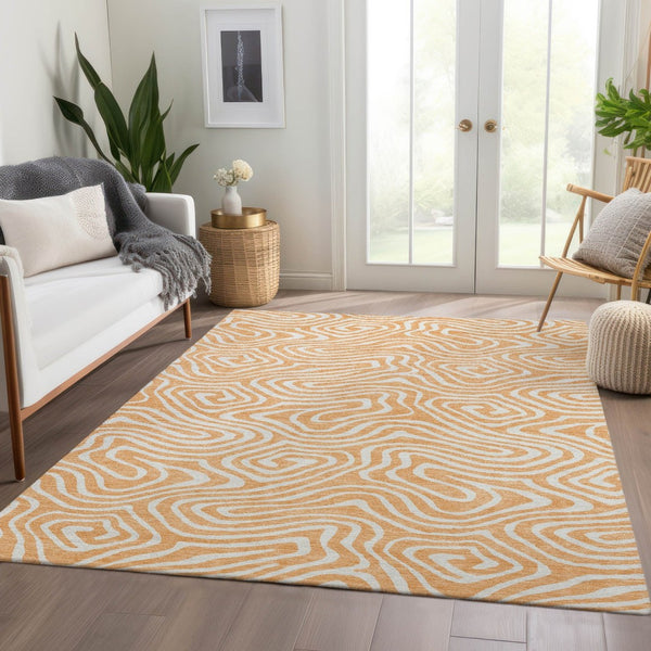 HomeRoots 9' X 12' Peach and Ivory Abstract Area Rug – Washable, UV-Protected, Durable for Homes with Kids & Pets 680114