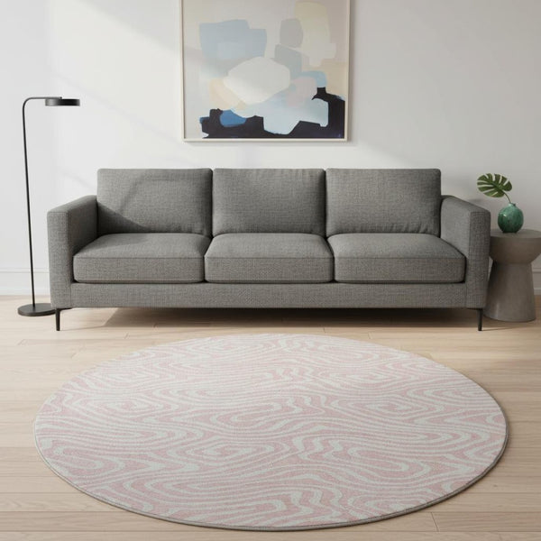 HomeRoots 8' Pink And Ivory Abstract Washable Round Rug - Durable, UV-Protected, Stain-Resistant Design for Homes 680118