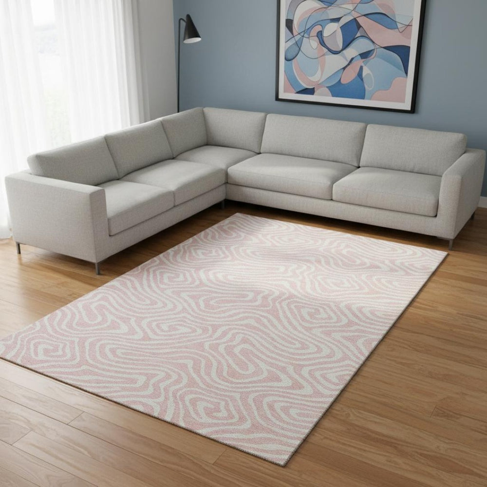 HomeRoots 8' X 10' Pink And Ivory Abstract Washable Area Rug - Stylish, Durable, UV-Protected for Busy Homes 680119
