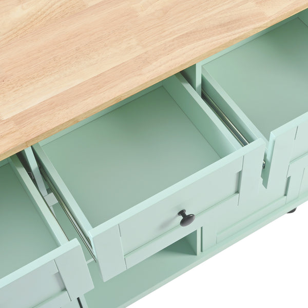 English Elm Kitchen Cart with Drop-Leaf Rubberwood Countertop, Rolling Island with Cabinet, Drawers & Racks for Dining Room - Stylish Durable Storage Solution Mint Green WF298028AAE