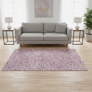 HomeRoots 5' Plum & Ivory Abstract Washable Area Rug - Stylish, Durable, UV-Protected for Modern Homes 680123