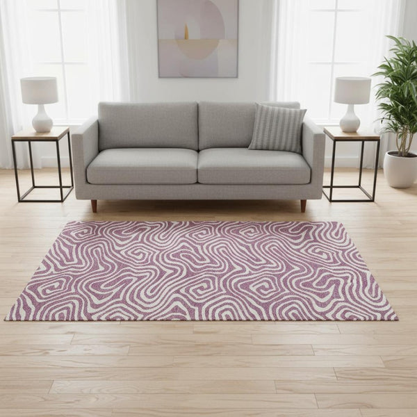 HomeRoots 5' Plum & Ivory Abstract Washable Area Rug - Stylish, Durable, UV-Protected for Modern Homes 680123