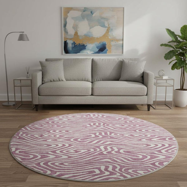 HomeRoots 8' Contemporary Plum and Ivory Abstract Round Rug - Washable, UV Protected, Perfect for High-Traffic Areas 680124