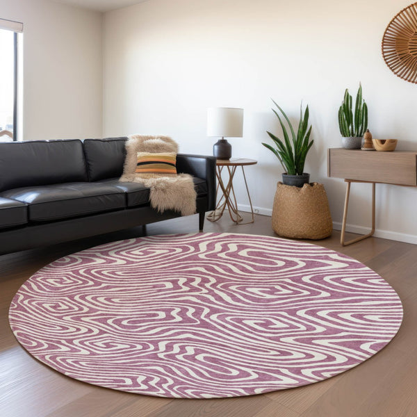 HomeRoots 8' Contemporary Plum and Ivory Abstract Round Rug - Washable, UV Protected, Perfect for High-Traffic Areas 680124