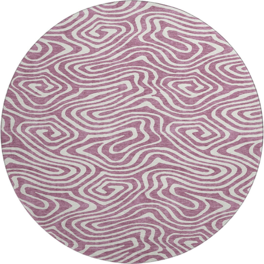 HomeRoots 8' Contemporary Plum and Ivory Abstract Round Rug - Washable, UV Protected, Perfect for High-Traffic Areas 680124