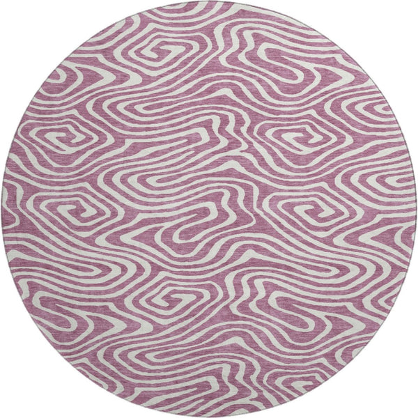 HomeRoots 8' Contemporary Plum and Ivory Abstract Round Rug - Washable, UV Protected, Perfect for High-Traffic Areas 680124