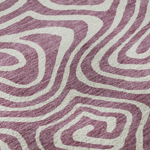 HomeRoots 8' Contemporary Plum and Ivory Abstract Round Rug - Washable, UV Protected, Perfect for High-Traffic Areas 680124