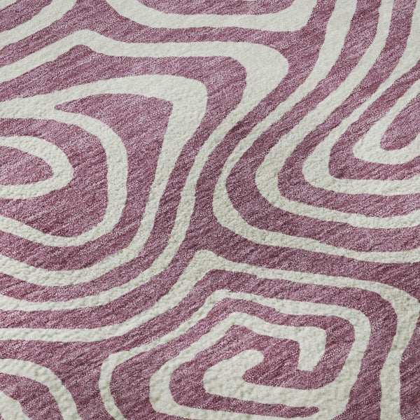 HomeRoots 8' Contemporary Plum and Ivory Abstract Round Rug - Washable, UV Protected, Perfect for High-Traffic Areas 680124