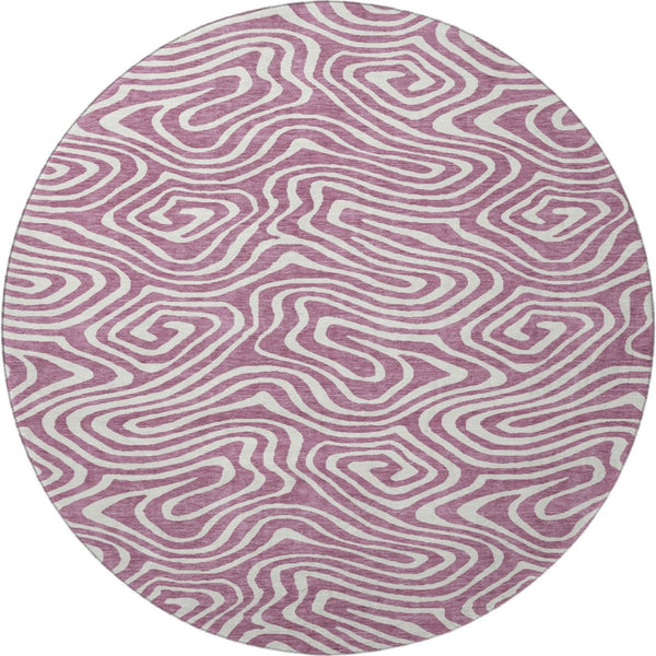 HomeRoots 8' Contemporary Plum and Ivory Abstract Round Rug - Washable, UV Protected, Perfect for High-Traffic Areas 680124