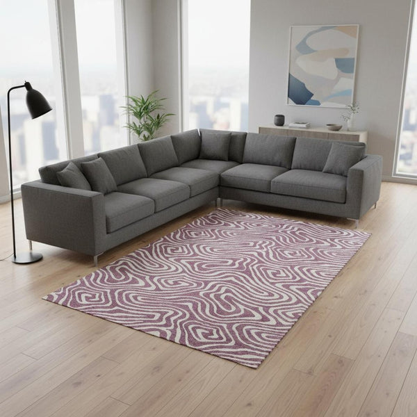 HomeRoots 8' X 10' Abstract Area Rug in Plum & Ivory - Durable, Washable, UV Protected for Stylish Living Spaces 680125