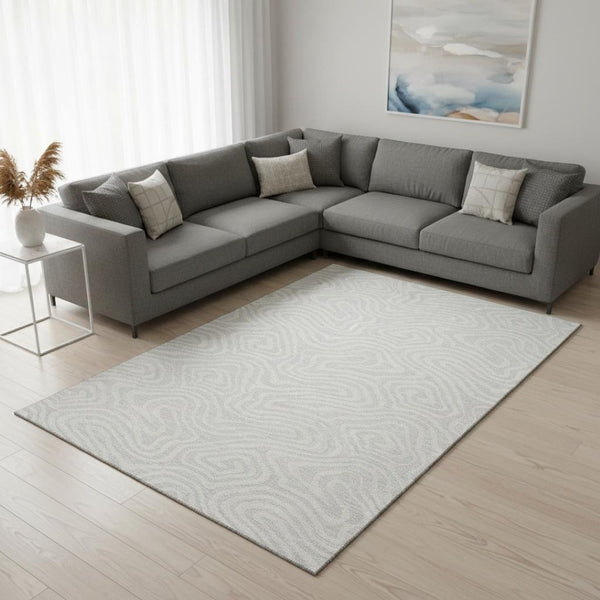 HomeRoots 9' X 12' Silver and Ivory Abstract Area Rug - Durable, Stain-Resistant, UV Protected for Modern Homes 680132