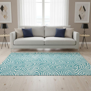 HomeRoots 5' X 8' Teal And Ivory Abstract Area Rug - Washable, UV Protected, Durable for High-Traffic Spaces 680135