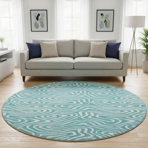 HomeRoots 8' Teal And Ivory Abstract Round Rug - Washable, UV Protected, Stylish & Durable for Any Space 680136