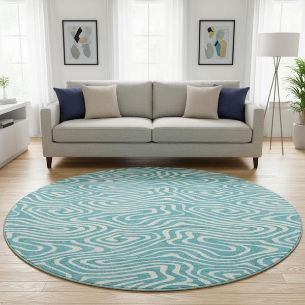 HomeRoots 8' Teal And Ivory Abstract Round Rug - Washable, UV Protected, Stylish & Durable for Any Space 680136