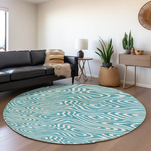 HomeRoots 8' Teal And Ivory Abstract Round Rug - Washable, UV Protected, Stylish & Durable for Any Space 680136