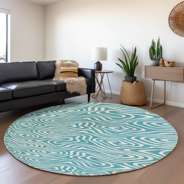 HomeRoots 8' Teal And Ivory Abstract Round Rug - Washable, UV Protected, Stylish & Durable for Any Space 680136