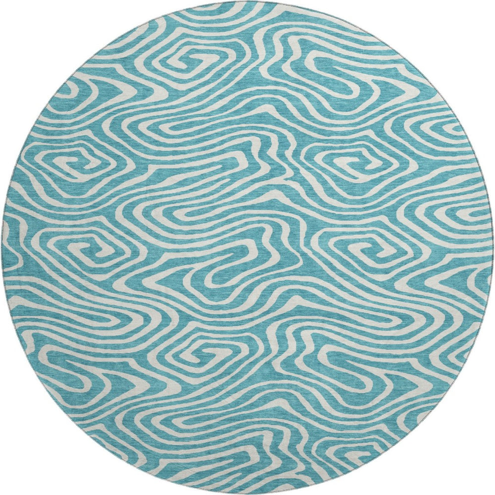 HomeRoots 8' Teal And Ivory Abstract Round Rug - Washable, UV Protected, Stylish & Durable for Any Space 680136