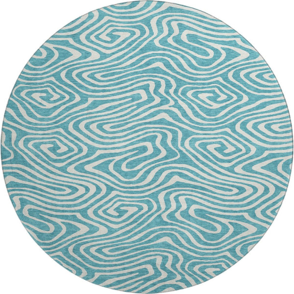 HomeRoots 8' Teal And Ivory Abstract Round Rug - Washable, UV Protected, Stylish & Durable for Any Space 680136
