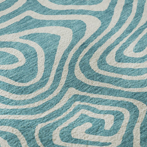 HomeRoots 8' Teal And Ivory Abstract Round Rug - Washable, UV Protected, Stylish & Durable for Any Space 680136