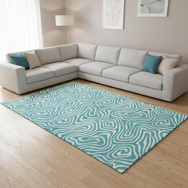 HomeRoots 8' X 10' Teal and Ivory Abstract Area Rug – Washable, UV Protected, Perfect for High-Traffic Spaces! 680137