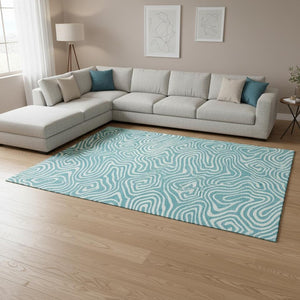 HomeRoots 9' X 12' Teal & Ivory Abstract Area Rug – Washable, UV Protected, Durable for High-Traffic Spaces 680138