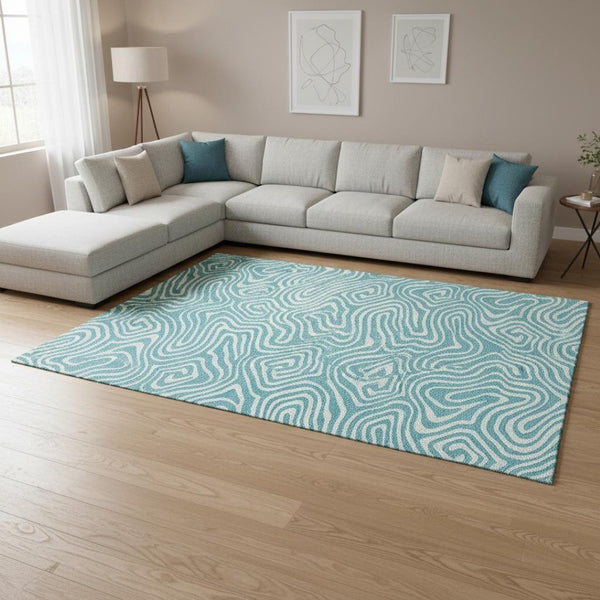HomeRoots 9' X 12' Teal & Ivory Abstract Area Rug – Washable, UV Protected, Durable for High-Traffic Spaces 680138