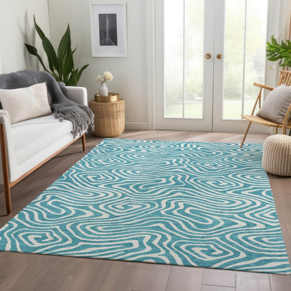 HomeRoots 9' X 12' Teal & Ivory Abstract Area Rug – Washable, UV Protected, Durable for High-Traffic Spaces 680138