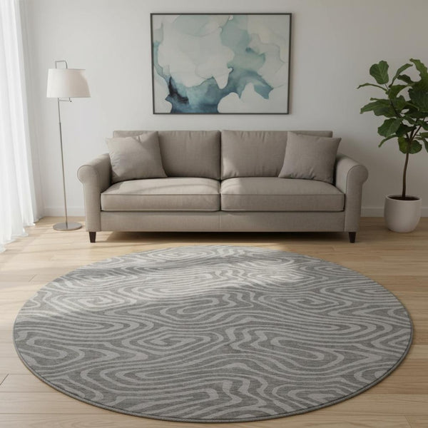HomeRoots 8' Taupe and Beige Abstract Washable Round Rug - Durable, UV-Protected & Ideal for Busy Homes 680142