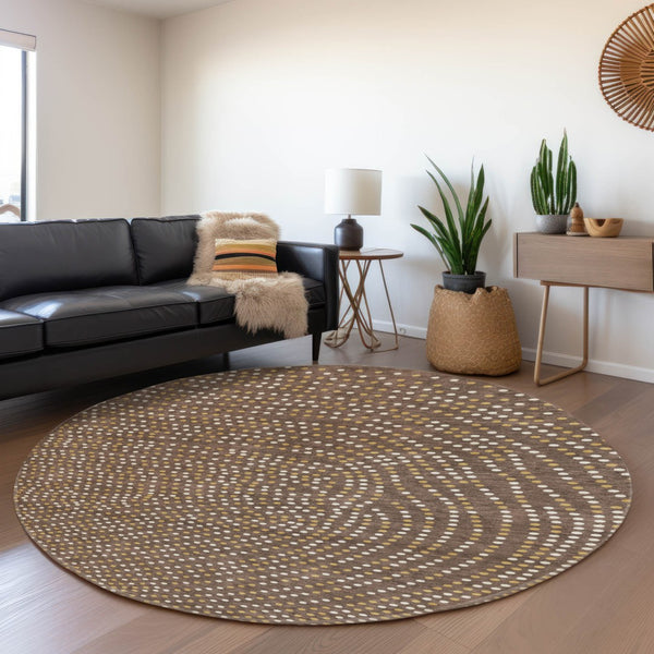 HomeRoots 8' Brown Copper & Ivory Polka Dot Washable Round Rug - Durable, Stain-Resistant, UV Protected Design 680148