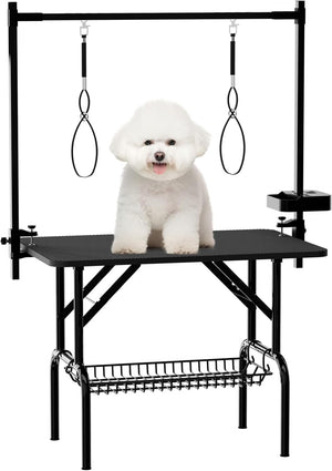 English Elm 36''large Folding Dog Grooming Table with Arm Noose Mesh Tray for Home Pet Care W3587P358726