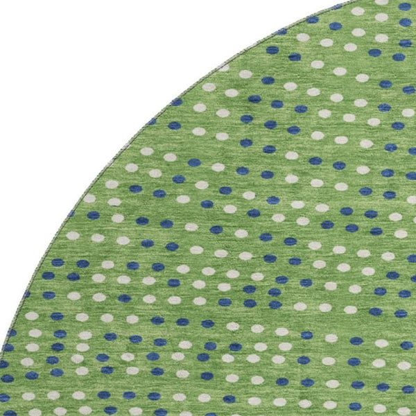 HomeRoots 8' Playful Green, Ivory & Blue Polka Dot Washable Round Rug with UV Protection for Any Space 680154
