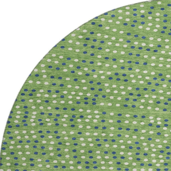 HomeRoots 8' Playful Green, Ivory & Blue Polka Dot Washable Round Rug with UV Protection for Any Space 680154