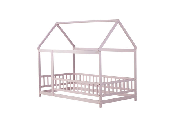 English Elm Twin House Frame Floor Bed Rubberwood with Roof Canopy and Safety Rails for Kids Pink W504P429347