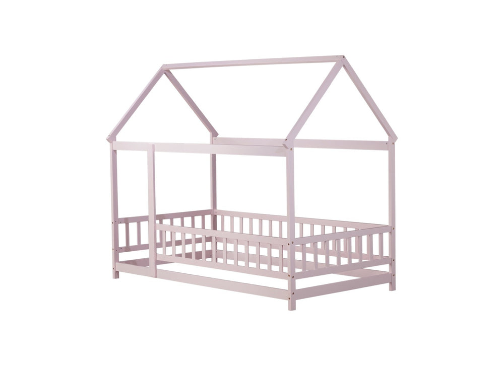 English Elm Twin House Frame Floor Bed Rubberwood Build with Safety Rails for Kids Bedroom W504P482178