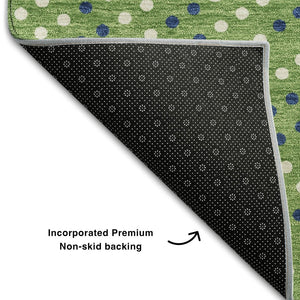 HomeRoots 9' X 12' Playful Green, Ivory & Blue Polka Dot Washable Area Rug with UV Protection for Homes 680156