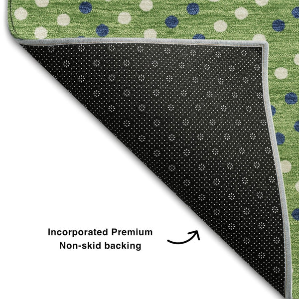 HomeRoots 9' X 12' Playful Green, Ivory & Blue Polka Dot Washable Area Rug with UV Protection for Homes 680156