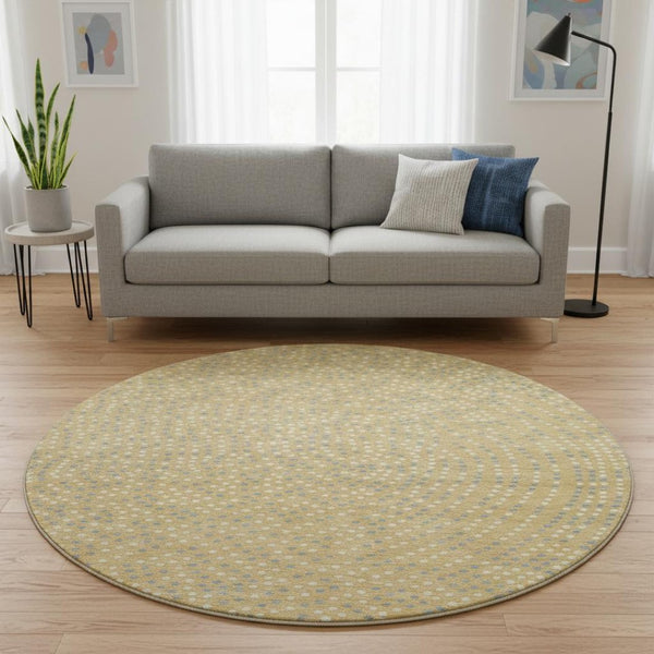 HomeRoots 8' Gold, Ivory & Gray Polka Dot Washable Round Rug with UV Protection – Perfect for High-Traffic Areas! 680160