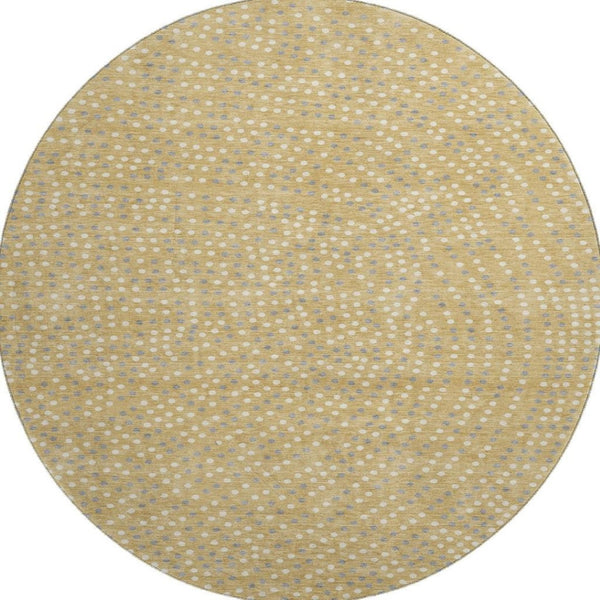 HomeRoots 8' Gold, Ivory & Gray Polka Dot Washable Round Rug with UV Protection – Perfect for High-Traffic Areas! 680160