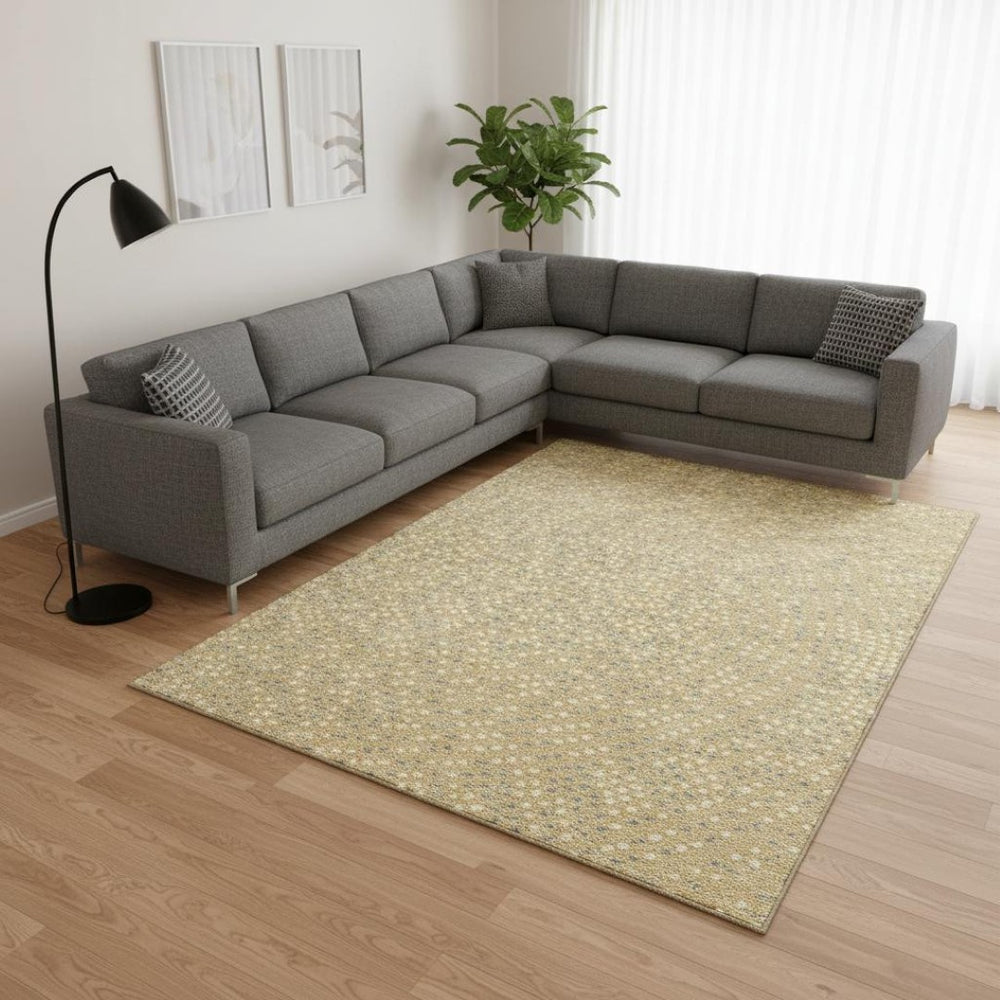 HomeRoots 9' X 12' Gold Ivory Gray Polka Dot Area Rug - Durable, Washable, UV Protected for Stylish Homes 680162